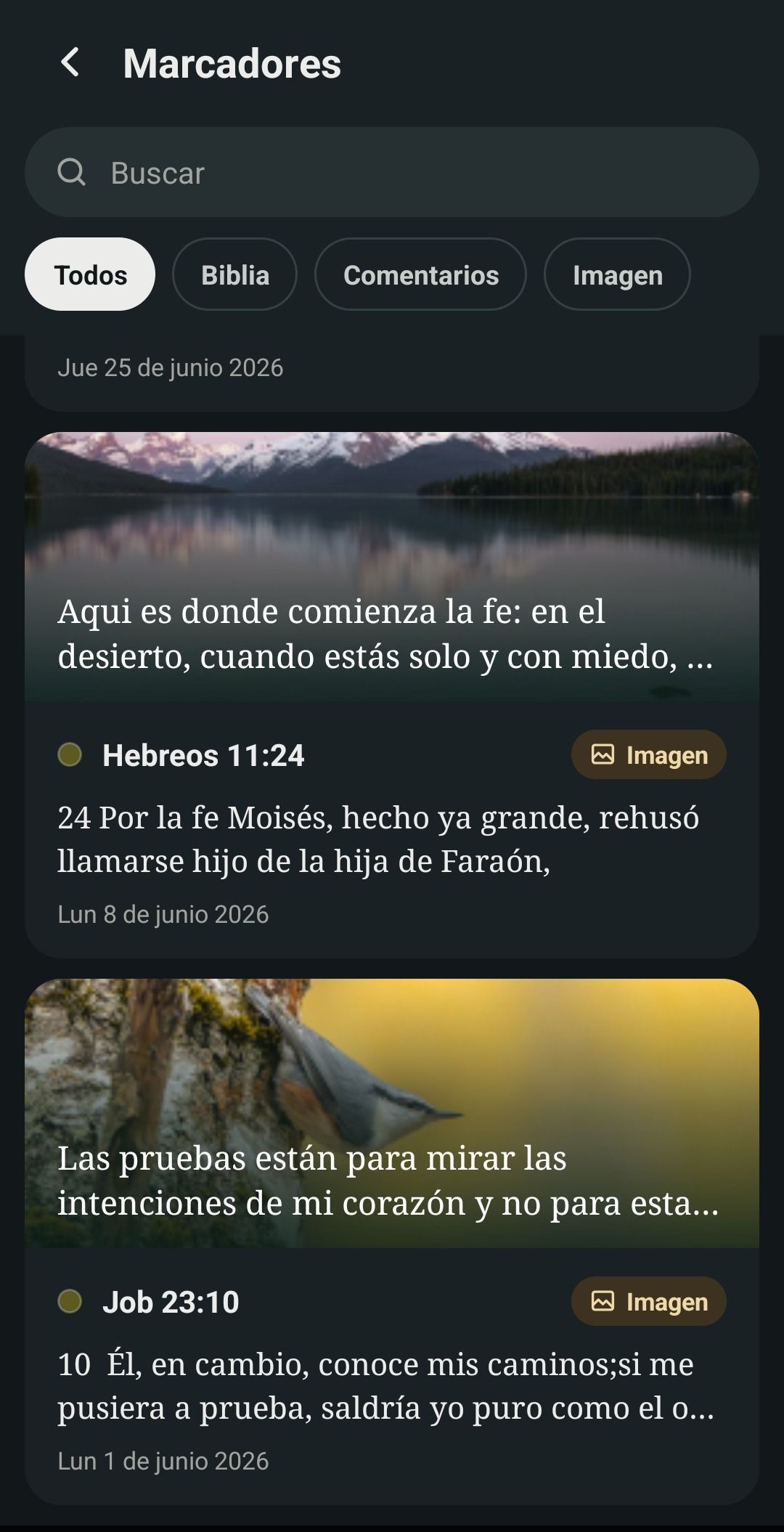 List of bookmarks with saved verses and images