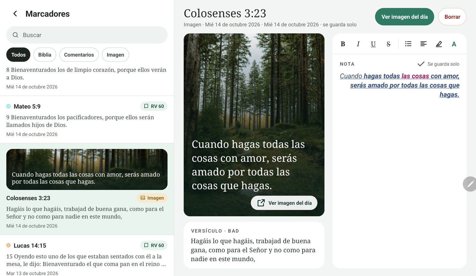 Bookmarks on a tablet: the list on the left and the formatted note on the right