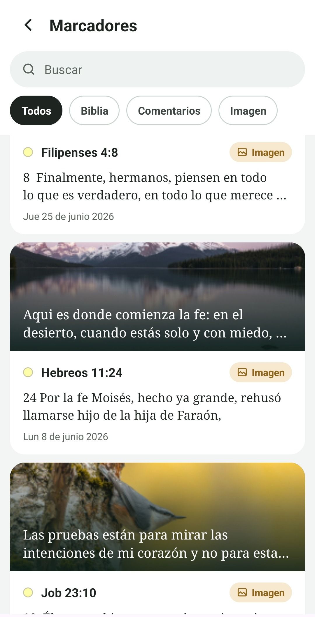 List of bookmarks with saved verses and images