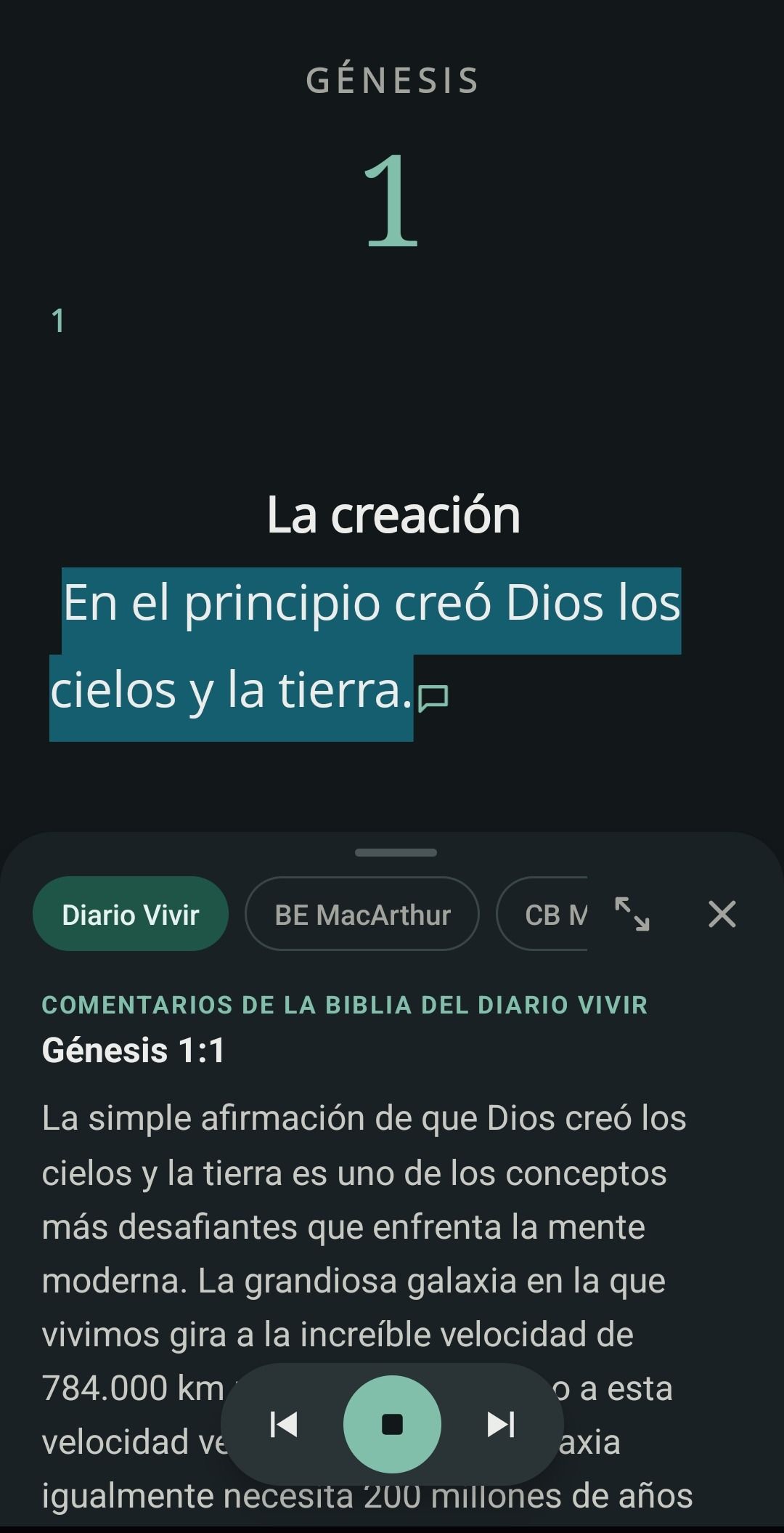 Commentary on Genesis open below the text, with the audio controls
