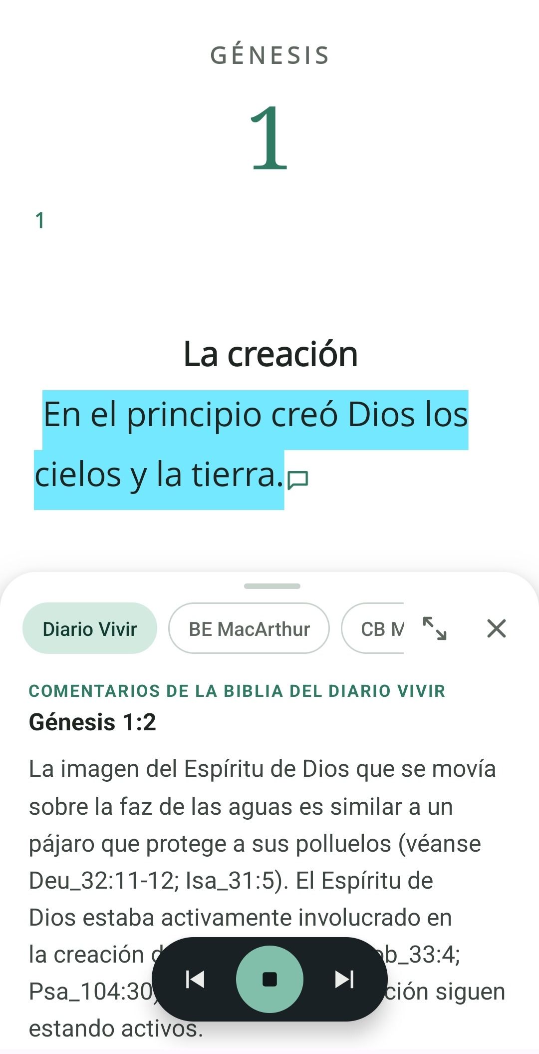 Commentary on Genesis open below the text, with the audio controls