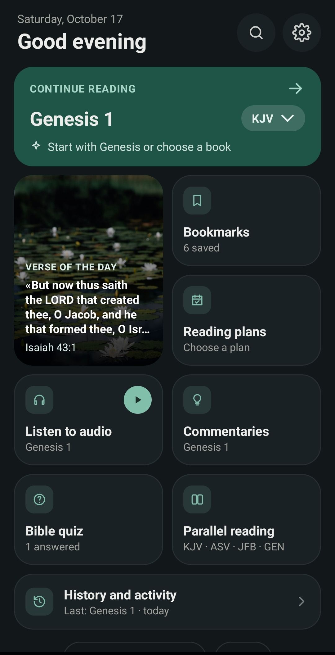 Bible Versions home screen with the verse of the day and a shortcut to every feature