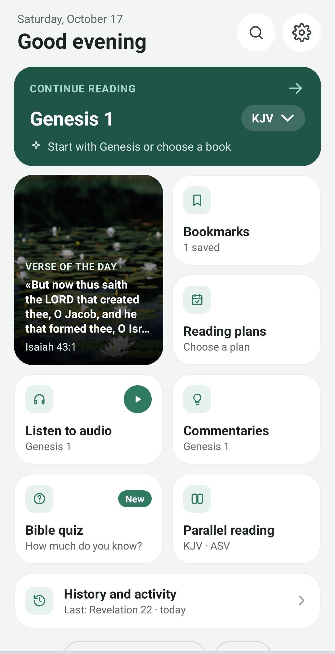 Bible Versions home screen with the verse of the day and a shortcut to every feature