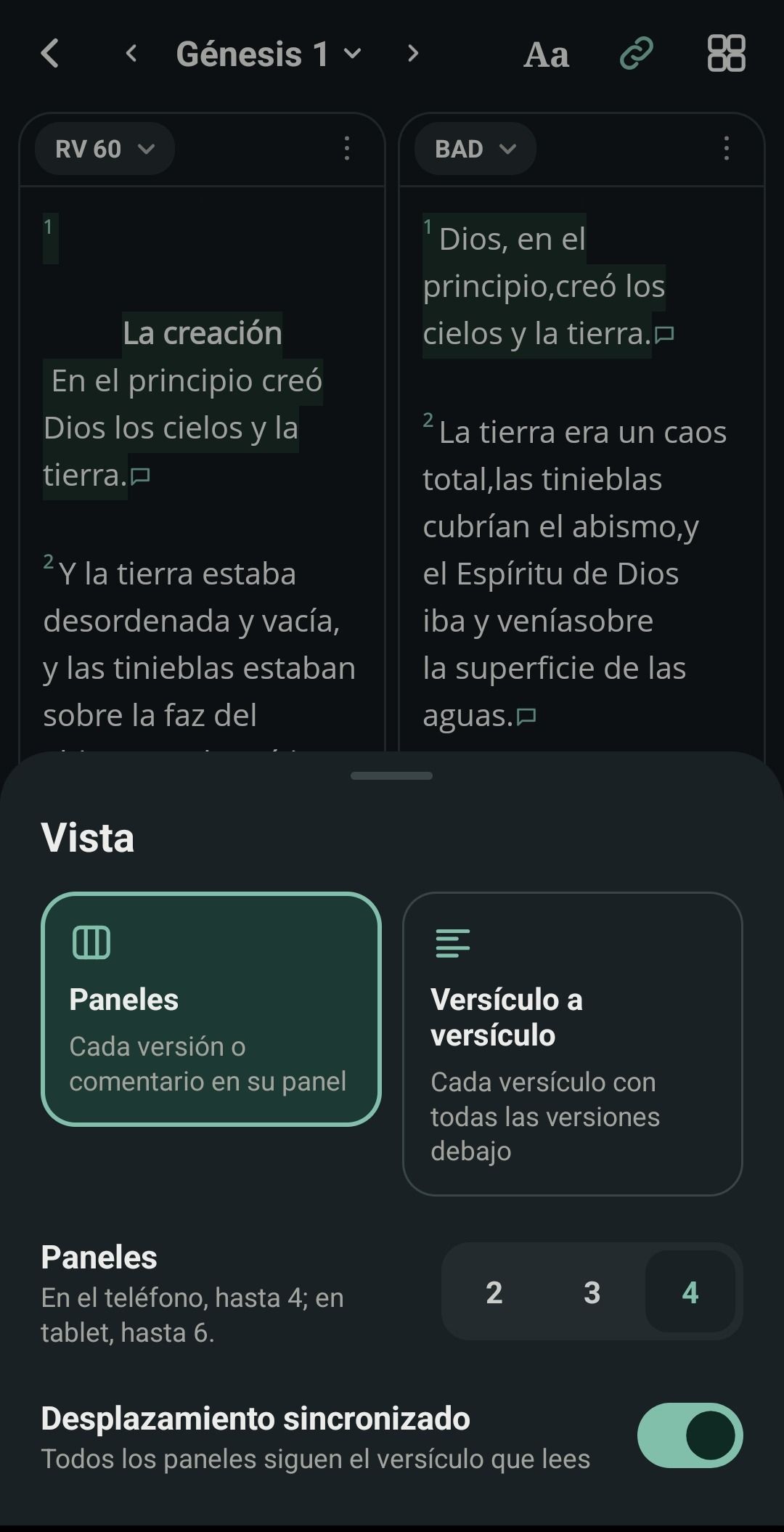 Parallel reading with two panes and the view options