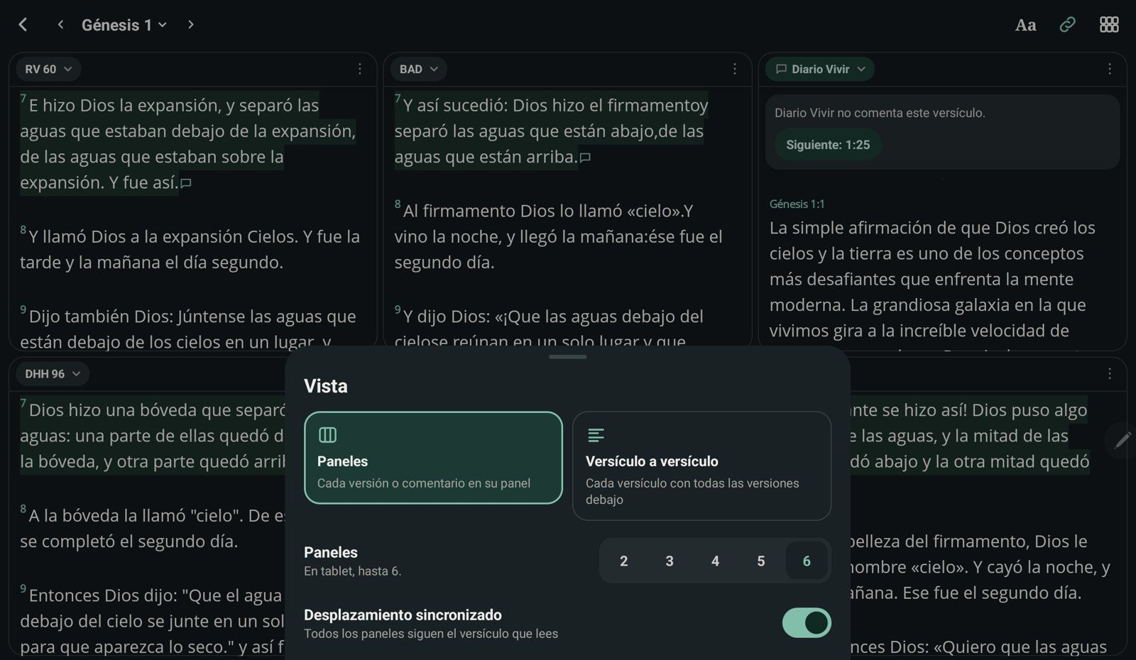 Parallel reading on a tablet with six panes and the view options