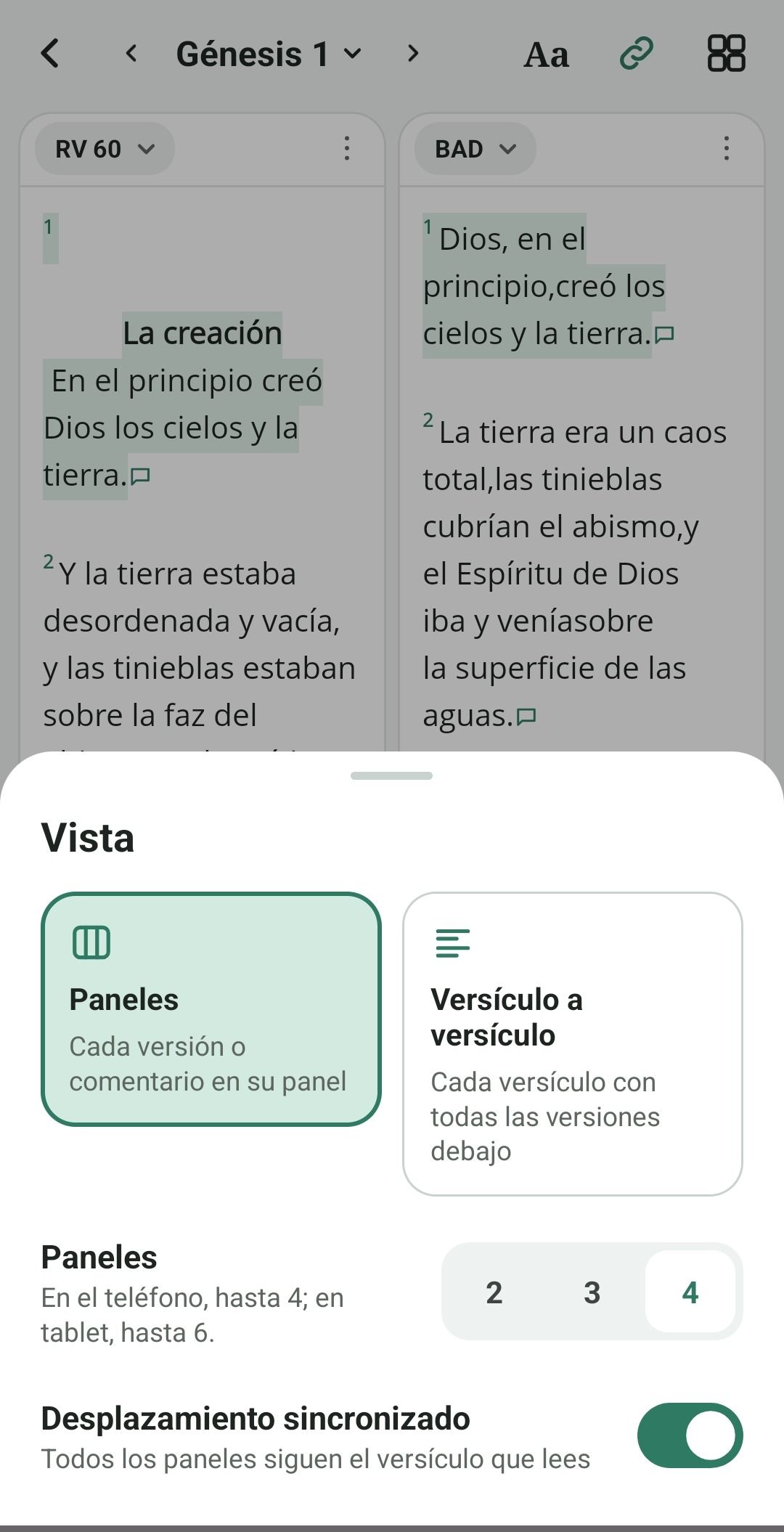 Parallel reading with two panes and the view options
