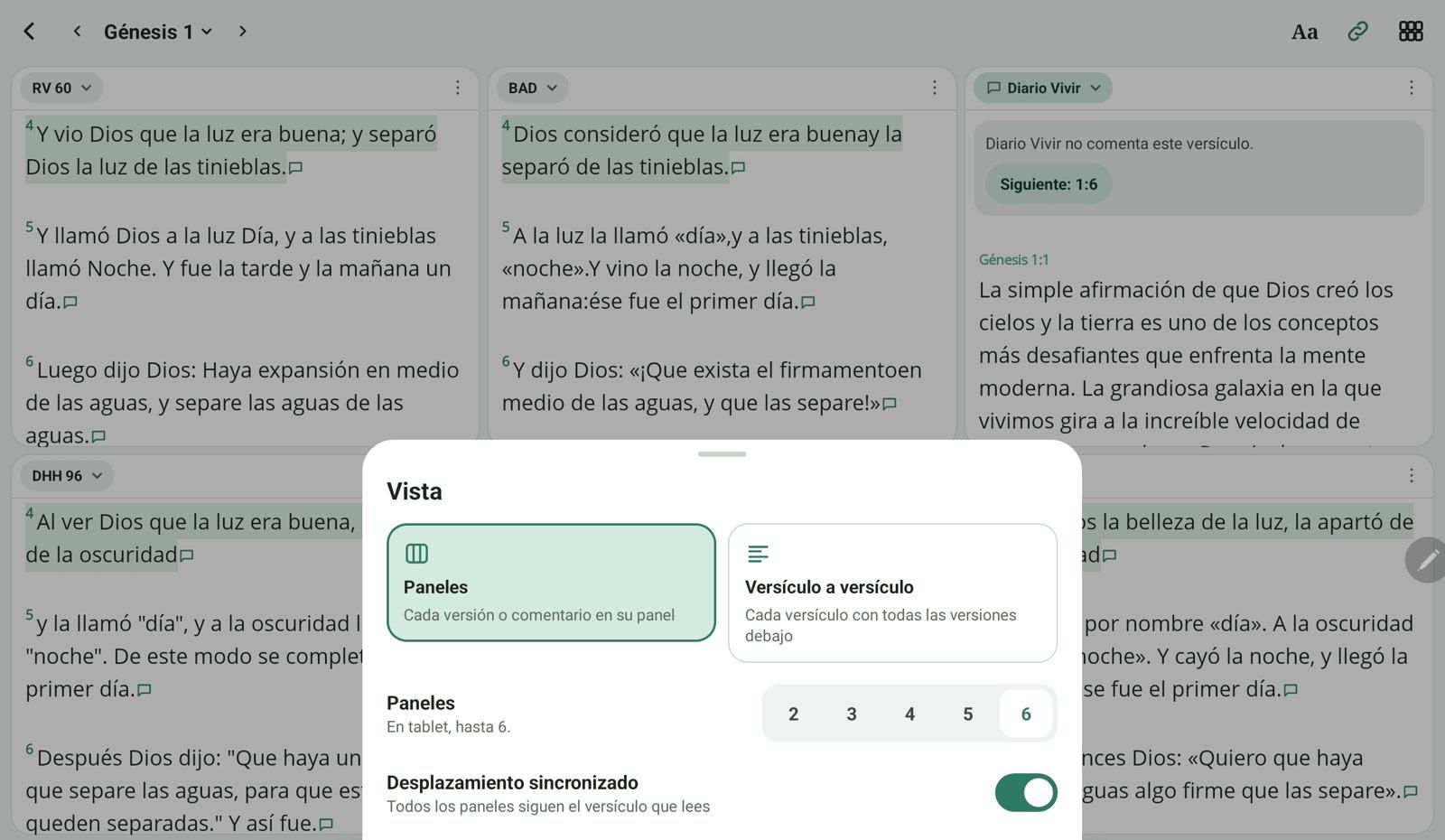 Parallel reading on a tablet with six panes and the view options