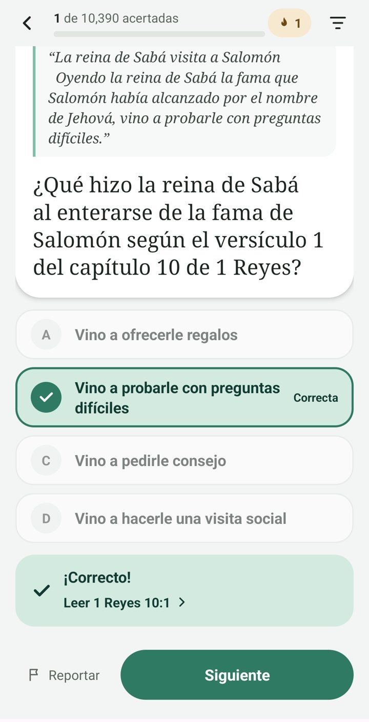 Quiz question about the queen of Sheba with the right answer marked
